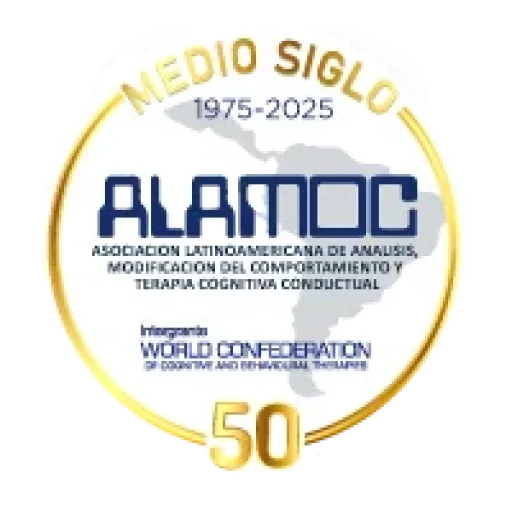 Logo del 50 aniversario de ALAMOC conmemorando medio siglo de análisis y terapia cognitiva conductual, imagen para el evento 50aniversario ALAMOC